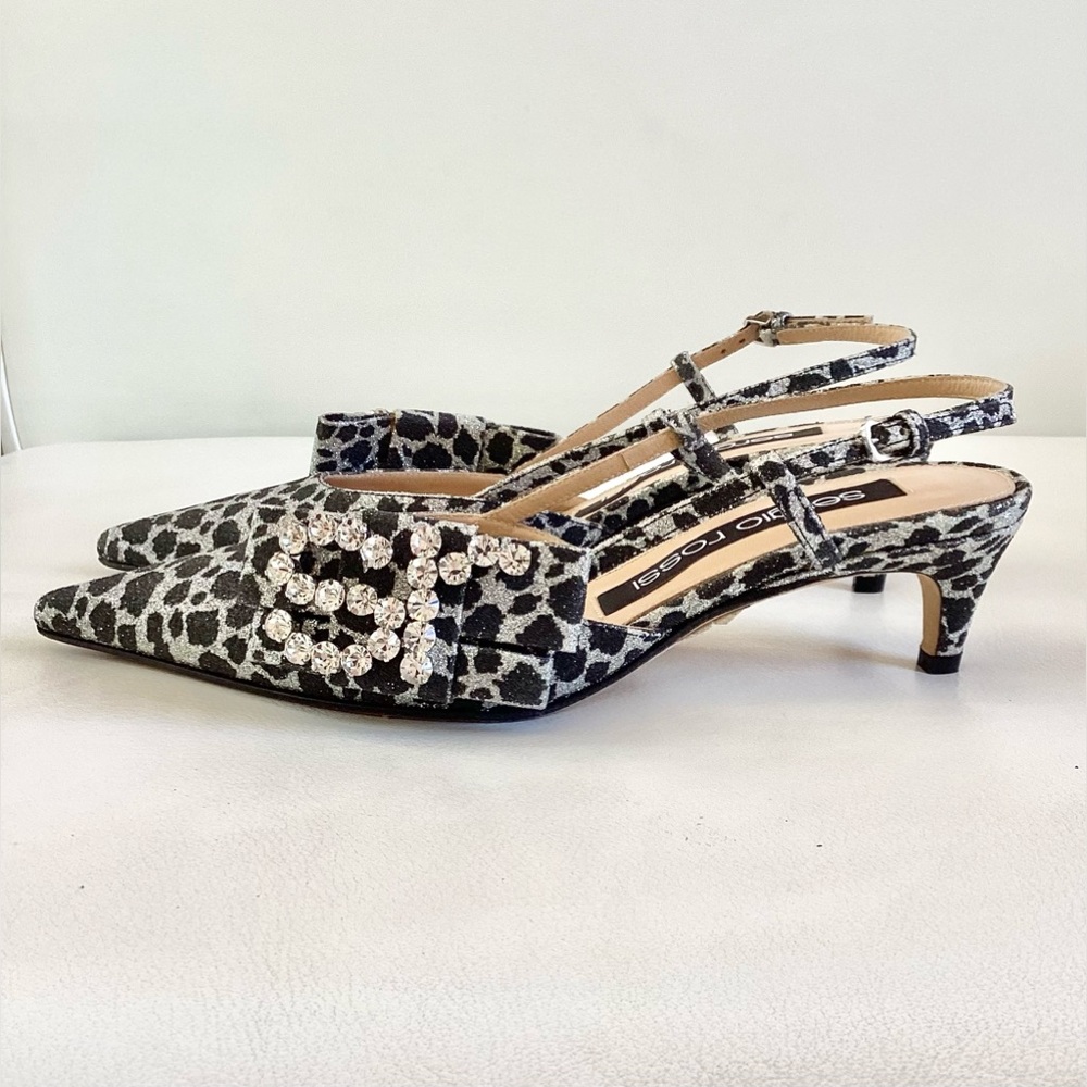 Sergio Rossi Metallic Silver/Black Leopard Pointed Kiten Heel Slingback Pump 6.5 - Picture 1 of 9